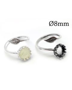 Sterling Silver 925 Adjustable Leaf Round Bezel Ring 8mm
