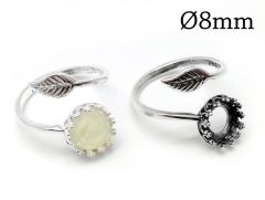 Sterling Silver 925 Adjustable Leaf Round Bezel Ring 8mm