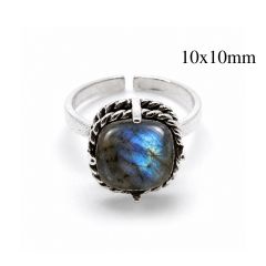 Sterling Silver 925 Adjustable Cushion Bezel Ring 10x10mm with Rope Frame - JBB Findings
