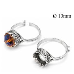 Sterling Silver 925 Adjustable Round locking Ring Bezel Cup Settings with Leaves 10mm - JBB Findings