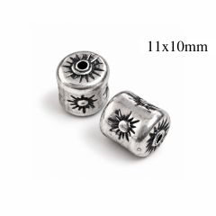 Sterling Silver 925 Sun Cylinder Hollow Bead 11x10mm Hole 1.5mm