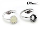Sterling Silver 925 Adjustable Leaf Round Bezel Ring 8mm