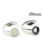 Sterling Silver 925 Adjustable Leaf Round Bezel Ring 8mm