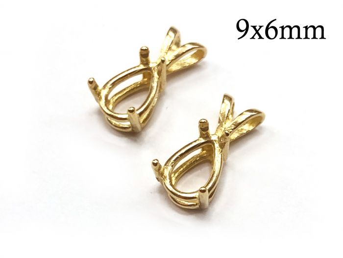 14K Solid Gold Tear drop Bezel cup Settings 9x6mm with loop
