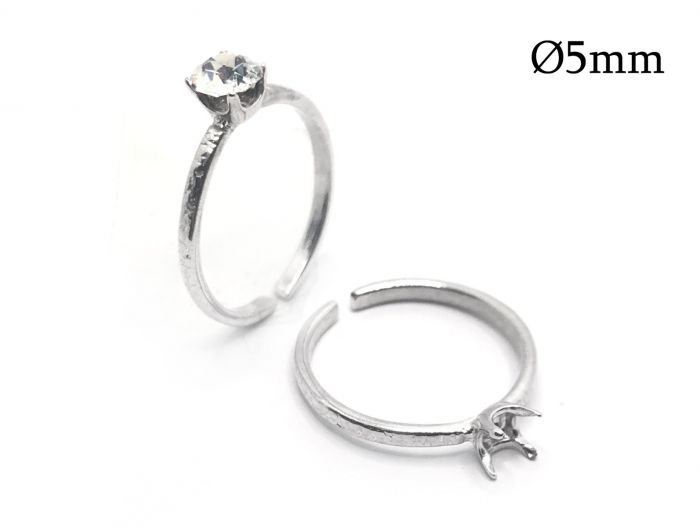 Sterling Silver 925 Adjustable Ring Settings with Round Bezel 5mm