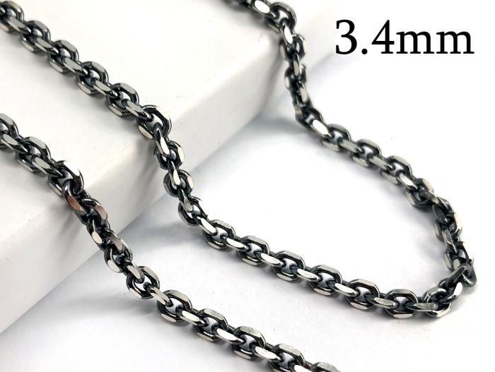 Black Oxidized Sterling Silver 925 Cable Link Chain Octagon loops 3.4mm Unfinished