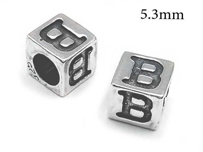 Silver Plated Alloy Alphabet 6x6x7mm Cube Beads - B