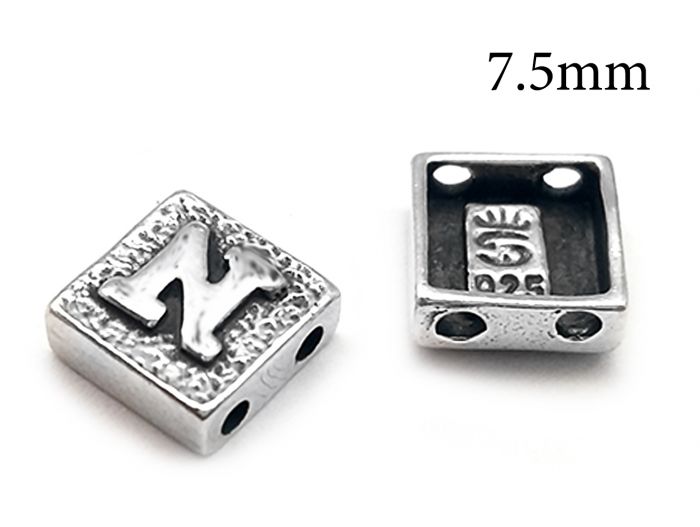 Sterling Silver 925 Alphabet Letter N Bead 7mm with 4 Holes 1mm