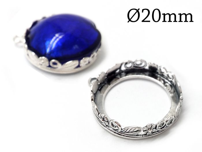 JBB Stone Setting Pendant 2 pcs Sterling Silver 925 Bezel Cup Pendant with 1 loop Shiny or Antique Silver Spiral Pendant with Bezel Cup