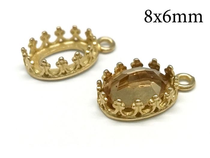 14K Solid Gold Crown Oval Bezel Cup Settings 8x6mm with loop