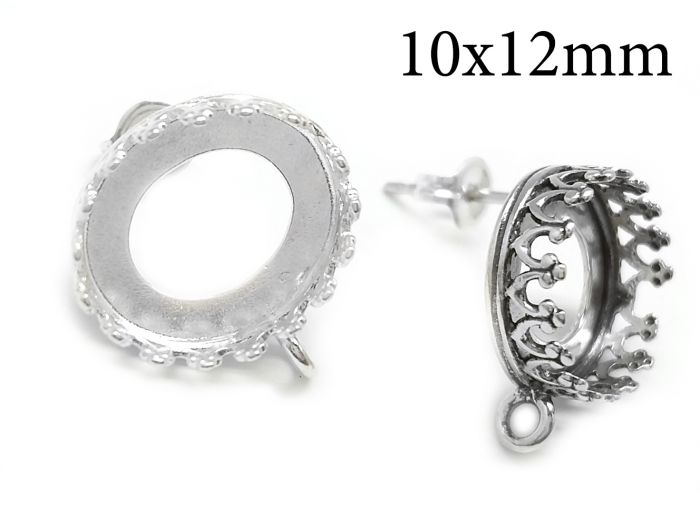 Sterling Silver 925 Oval Crown Bezel Cup post Earrings 12x10mm