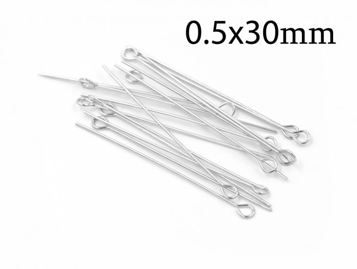 Sterling Silver 925 Eye Pins 30mm wire thickness 0.5mm 24 Gauge