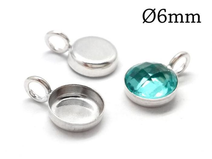 Sterling Silver 925 Round Simple bezel cup settings for 6mm cabochons with  1 vertical loop